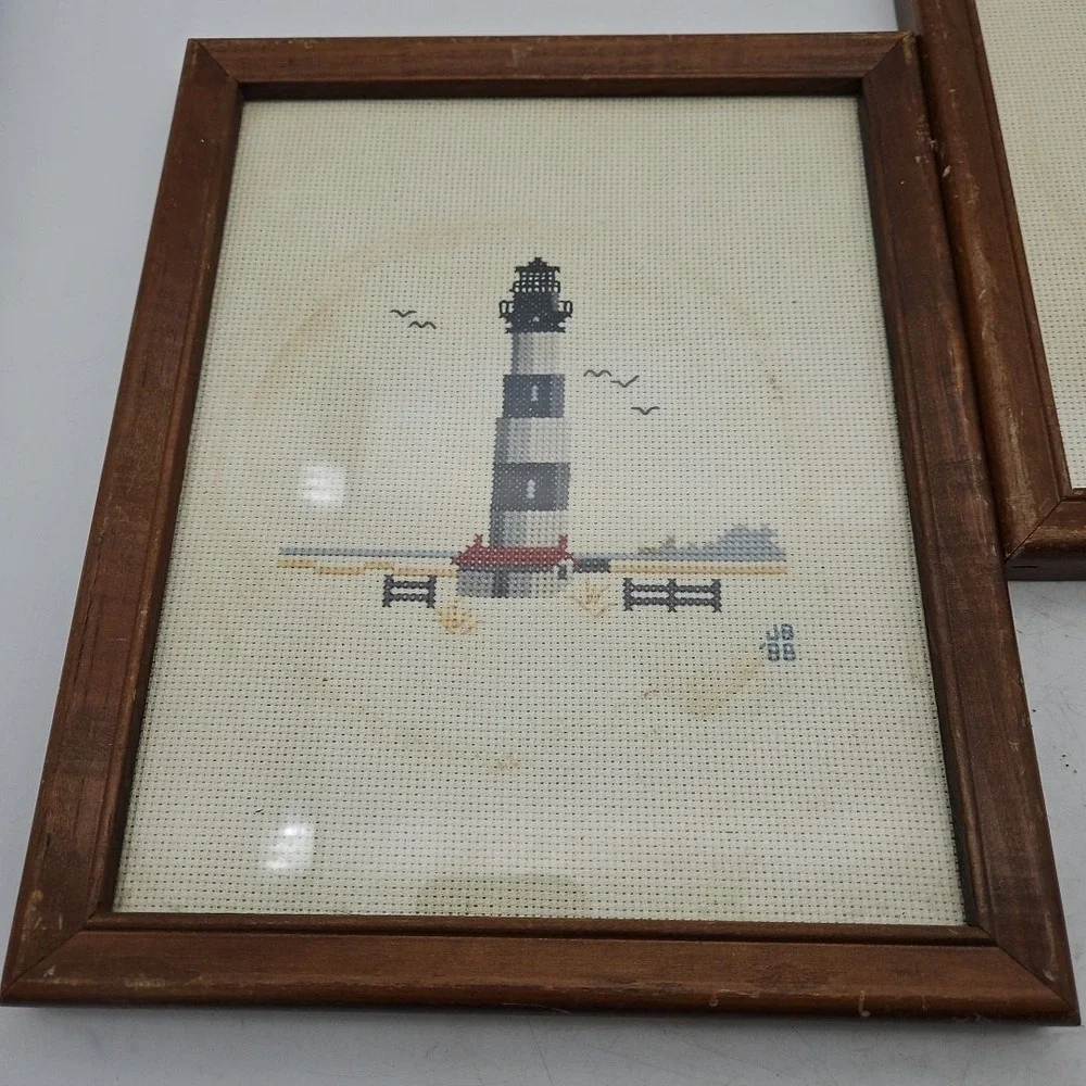 Vintage Lighthouse‎ Cross Stitch Framed Pictures Handmade 80s Set Of 2